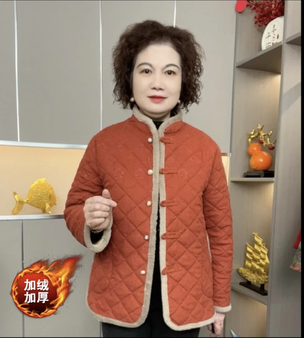 2025秋冬款新中式加绒加厚盘扣外套中老年保暖外穿棉衣棉服妈妈装