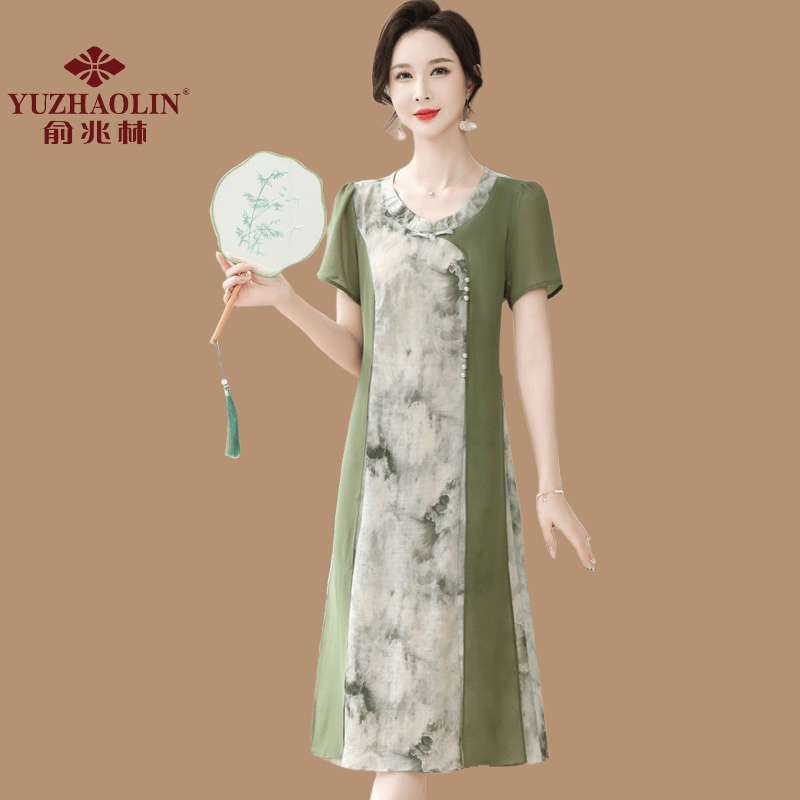 俞兆林妈妈夏装气质雪纺连衣裙洋气旗袍中老年女夏季短袖新中式遮