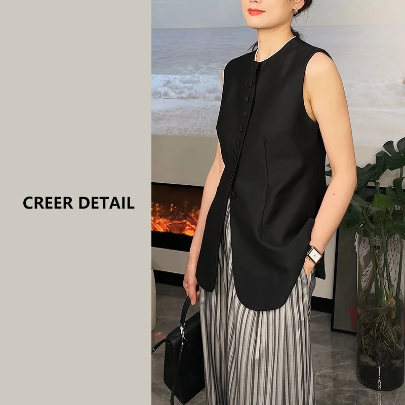 春夏新品复古极简黑色显瘦叠穿马甲女中长款设计感新中式马夹外套