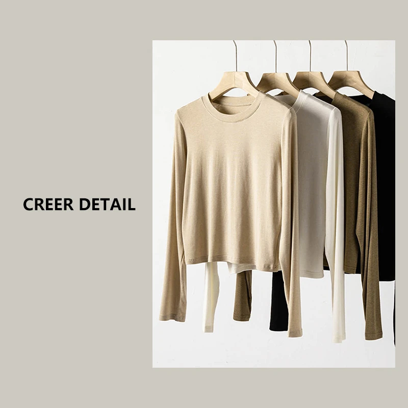 高定醋酸+莱赛尔四季通穿超百搭基础长袖上衣圆领显瘦纯色打底衫