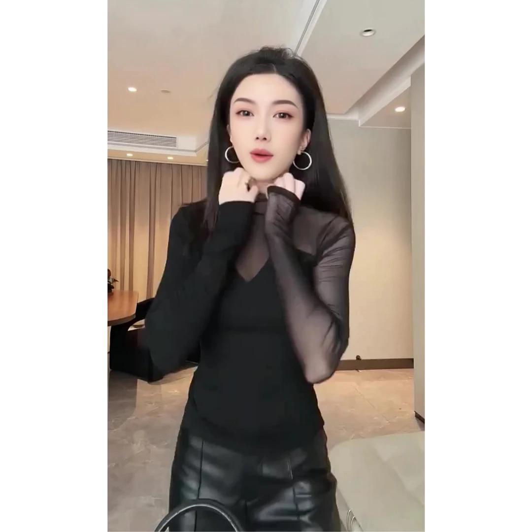 设计感拼接透视网纱半高领打底衫前后两穿弹力修身黑色长袖身上衣