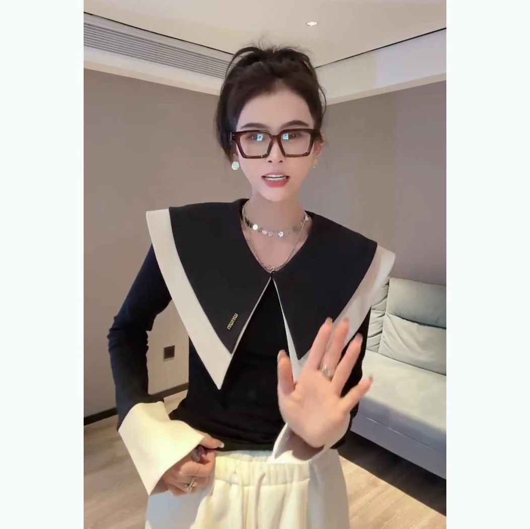 双层娃娃领撞色拼接袖子加绒显瘦百搭不挑人通勤打底衫上衣