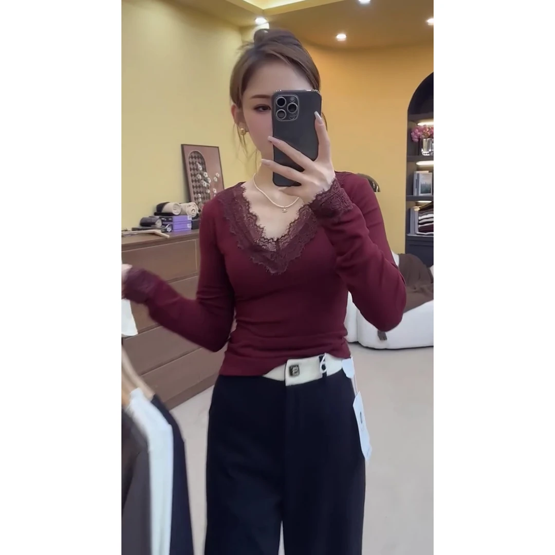 女人味打底衫气质蕾丝拼接V领性感修身加厚长袖内搭上衣