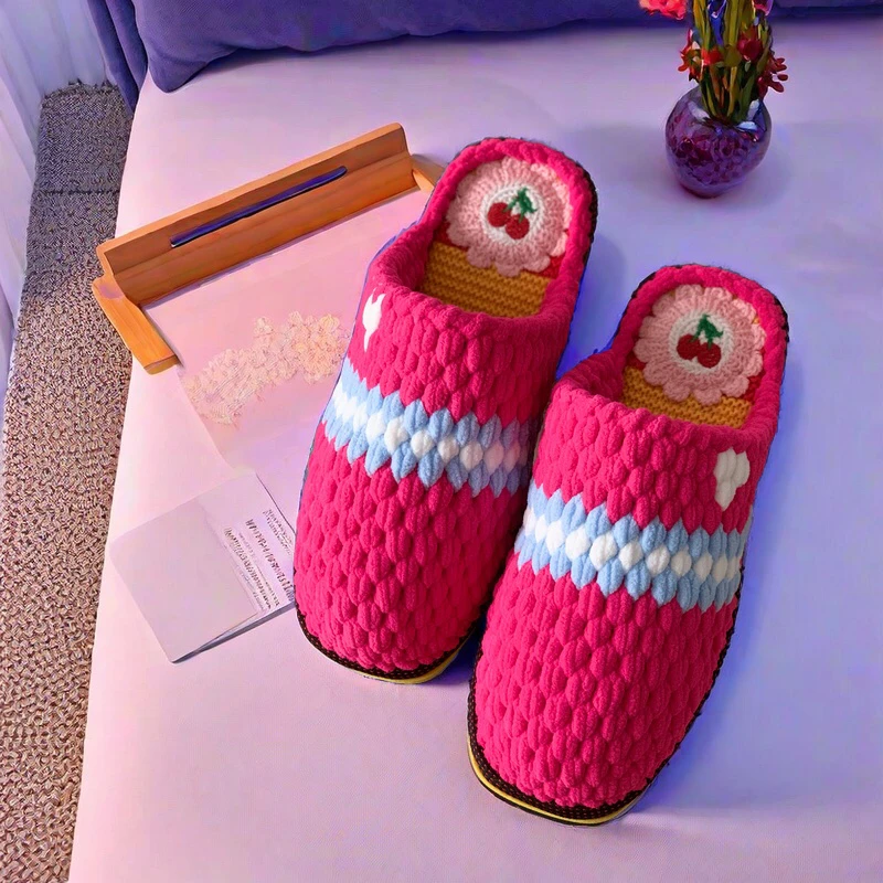 【成品现发】纯手工编织冰条线拖鞋冬季保暖男女款居家棉拖鞋防滑