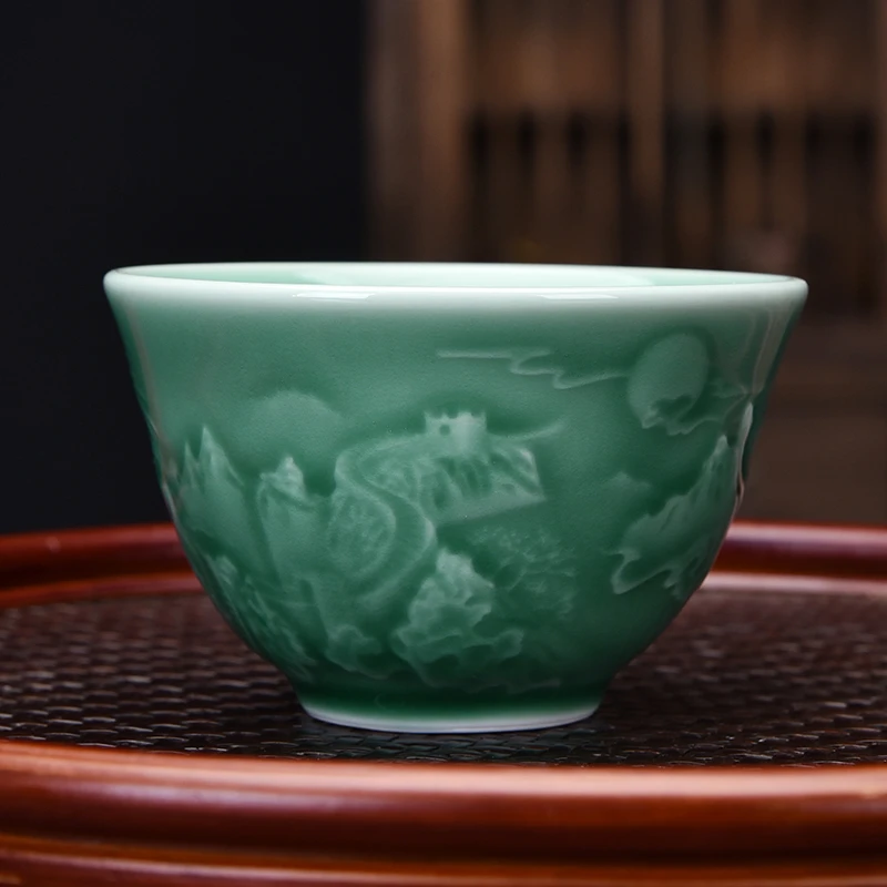 青瓷浮雕主人杯陶瓷青瓷功夫茶具套装家用品茗杯泡茶杯小型轻奢