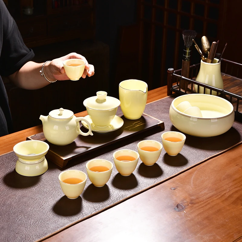 宝石黄羊脂玉功夫茶具整陶瓷家用茶杯茶壶简约轻奢礼盒装中式高档