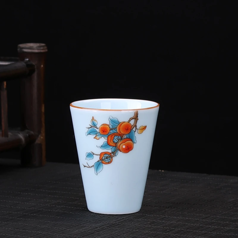 柿柿如意闻香杯 高脚个人杯高足品茗杯陶瓷酒杯 容量60ml 高6.5cm