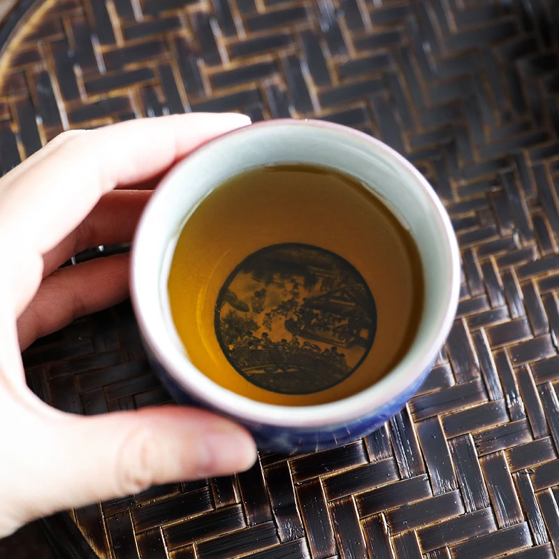 剑毫青花瓷主人杯山水景贴花办公室会客礼盒装功夫茶杯单人