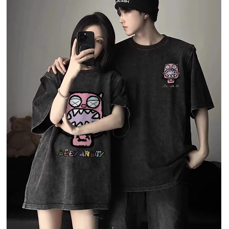 胖mm大码美式重磅水洗纯棉短袖t恤女夏季情侣装宽松时尚潮牌上衣