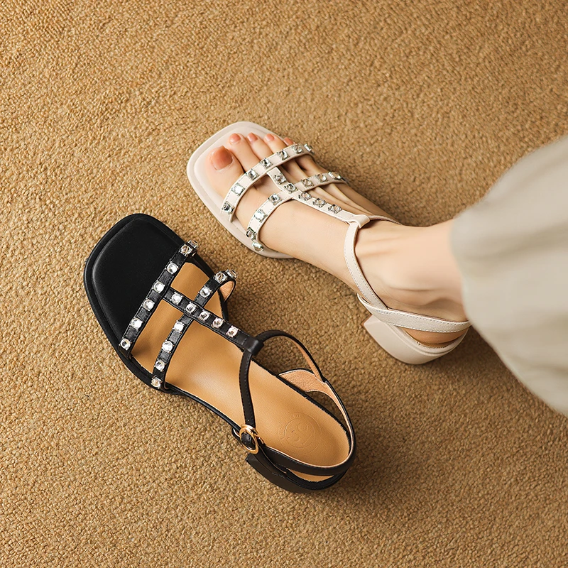 5CM 2024夏季新款粗跟凉鞋时尚百搭高跟方头休闲一字带真皮女鞋