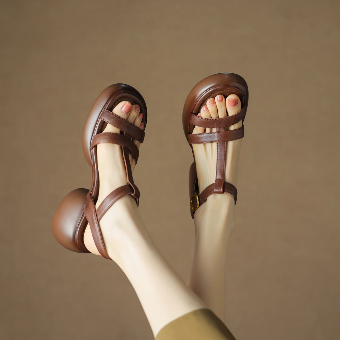 7CM 2023年夏季新款粗跟时尚百搭女士厚底复古简约凉鞋鱼嘴鞋法式