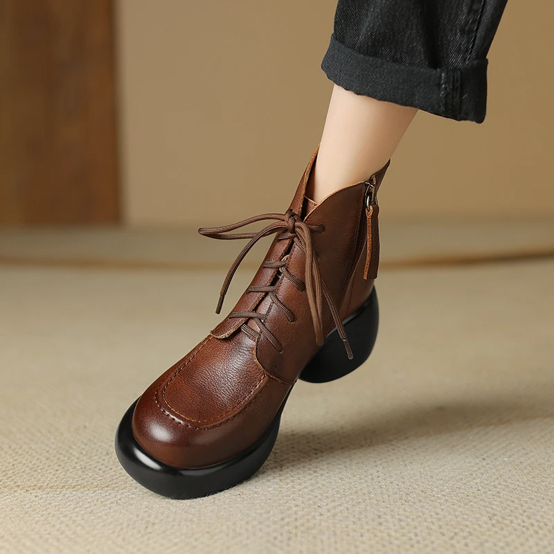 6.5CM 2025秋冬新款粗跟圆头复古棕色时尚百搭女士英伦风短靴子