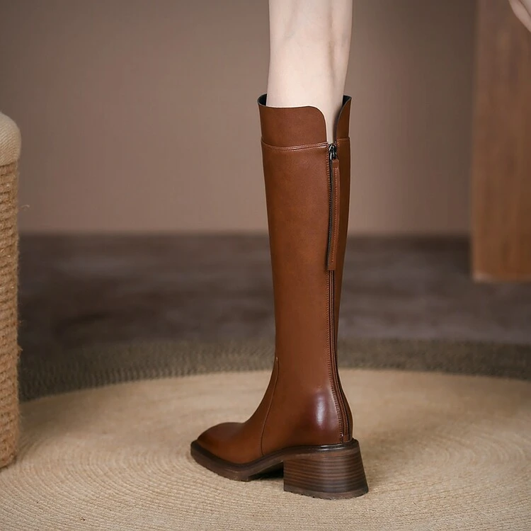 下架6CM 2024秋冬新款长筒靴子粗跟棕色长靴过膝骑士靴厚底马丁靴