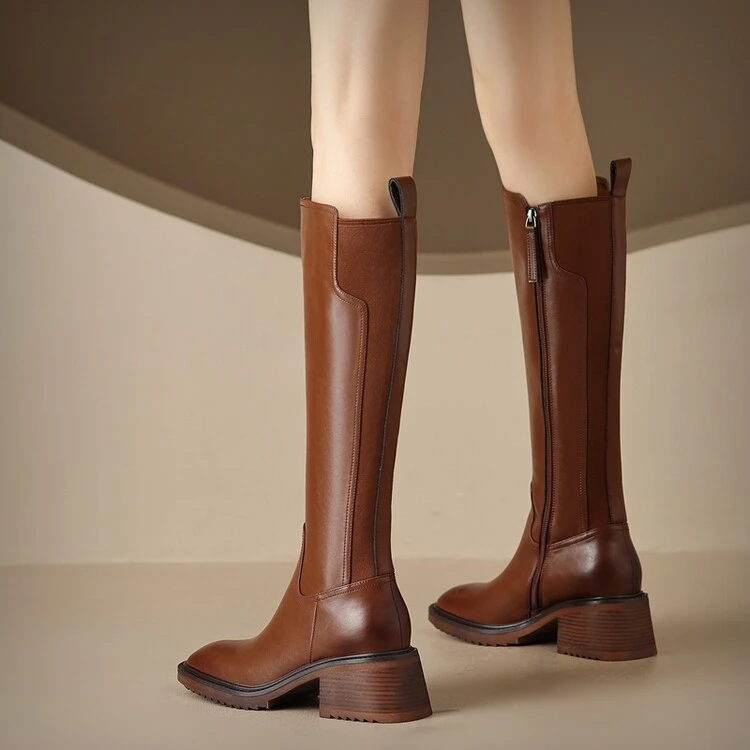 下架6CM 2024秋冬新款长筒靴子粗跟复古长靴骑士靴时尚