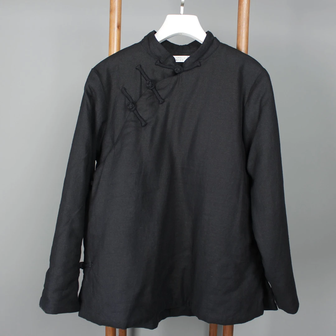 女款休闲复古中式长袖立领亚麻大襟盘扣夹袄长款中国风秋冬斜襟