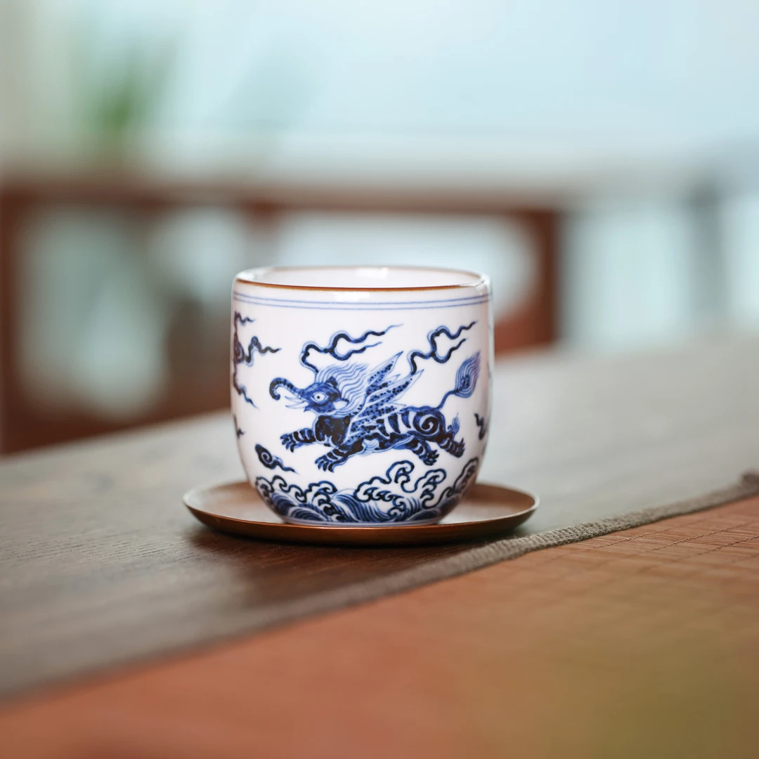 素山气柴羊脂白海水飞象和笙杯纯手工主人杯