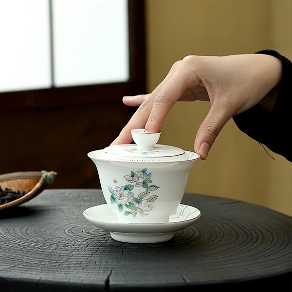 芍药花羊脂玉全瓷孔一体复古陶瓷三才复古泡茶器功夫茶具茶碗C364