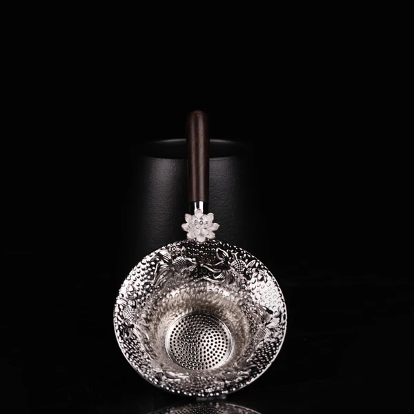 手工复古合金茶漏茶叶滤网茶道茶具零配木柄鎏银茶漏过滤器 B539