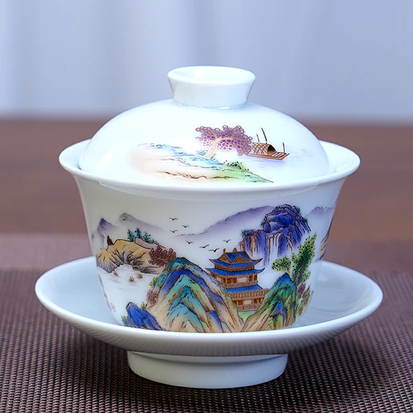 白瓷江山如画三才盖碗高档陶瓷泡茶碗碗家用盖碗茶杯功夫茶具C668