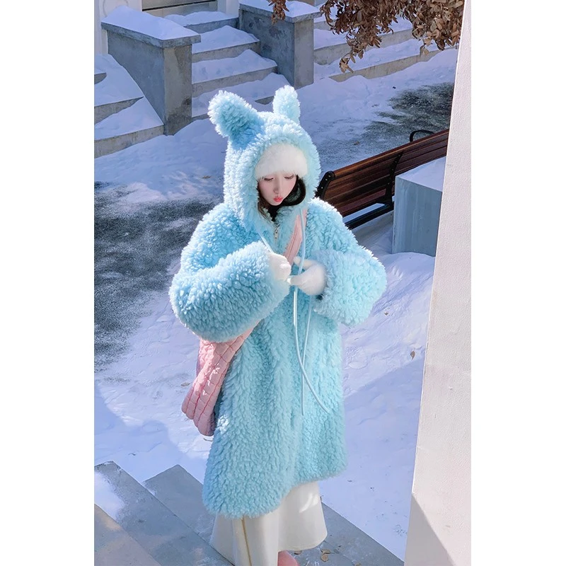 人造皮草  湖蓝色皮草仿羊羔毛外套女冬季韩系中长款保暖毛毛大衣