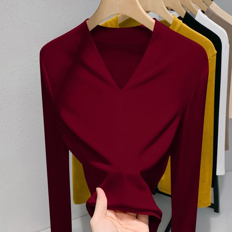 甜妹风外穿长袖通勤德绒打底上衣初秋百搭女修身显瘦小保暖内衫潮