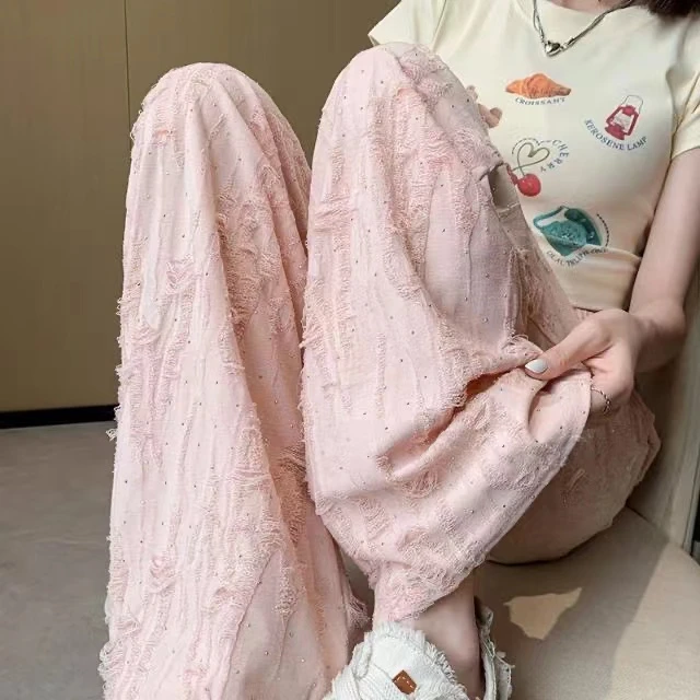 夏季时尚新款破洞烫钻宽松阔腿裤高腰休闲长裤百搭松紧腰直筒裤女