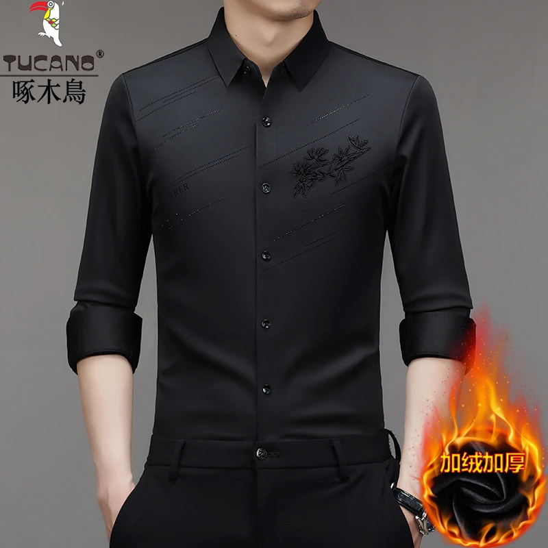 啄木鸟高档加厚衬衫男士冬季中年无痕免烫时尚休闲加绒保暖衬衣男