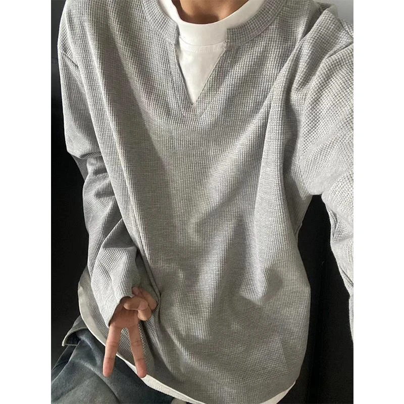 简约假两件拼接长袖T恤男cleanfit华夫格设计感宽松情侣春秋上衣