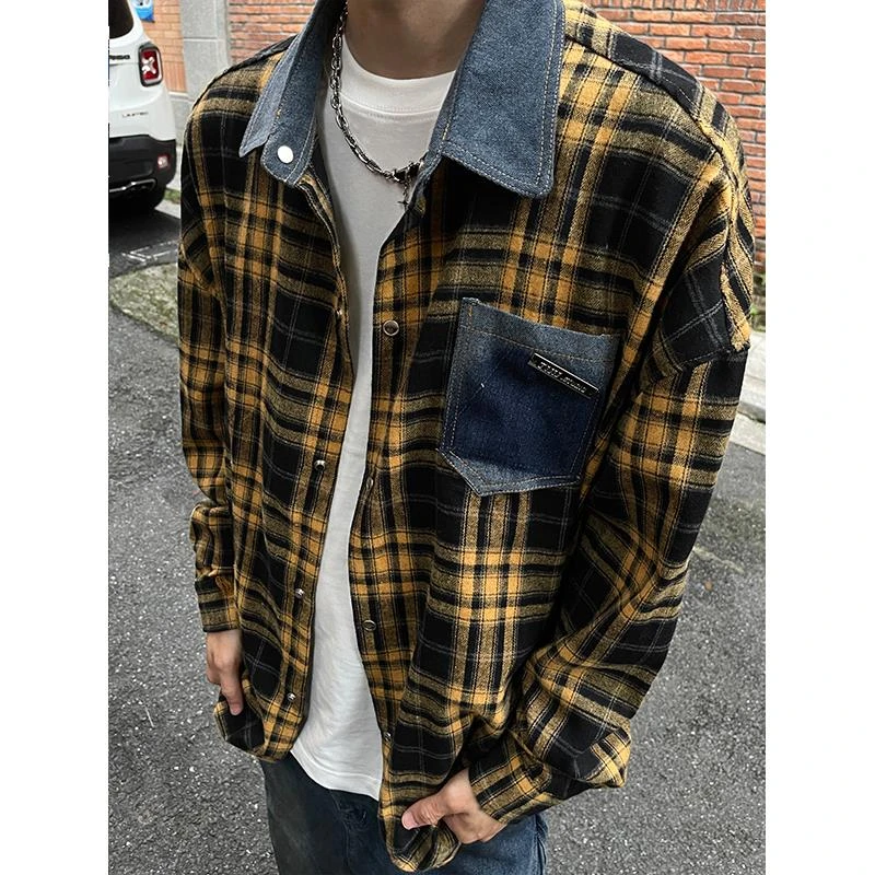 高级感痞帅美式复古黄色格纹衬衫男款潮宽松休闲百搭长袖外套ins