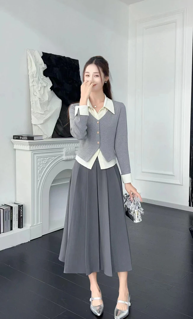 【依米】2025时尚减龄拼色上衣+半裙套装小个子学院风