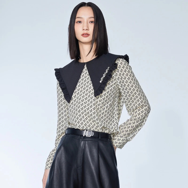 春季衬衫上衣长袖复古法式娃娃领翻领气质时尚女士衬衣151S4122