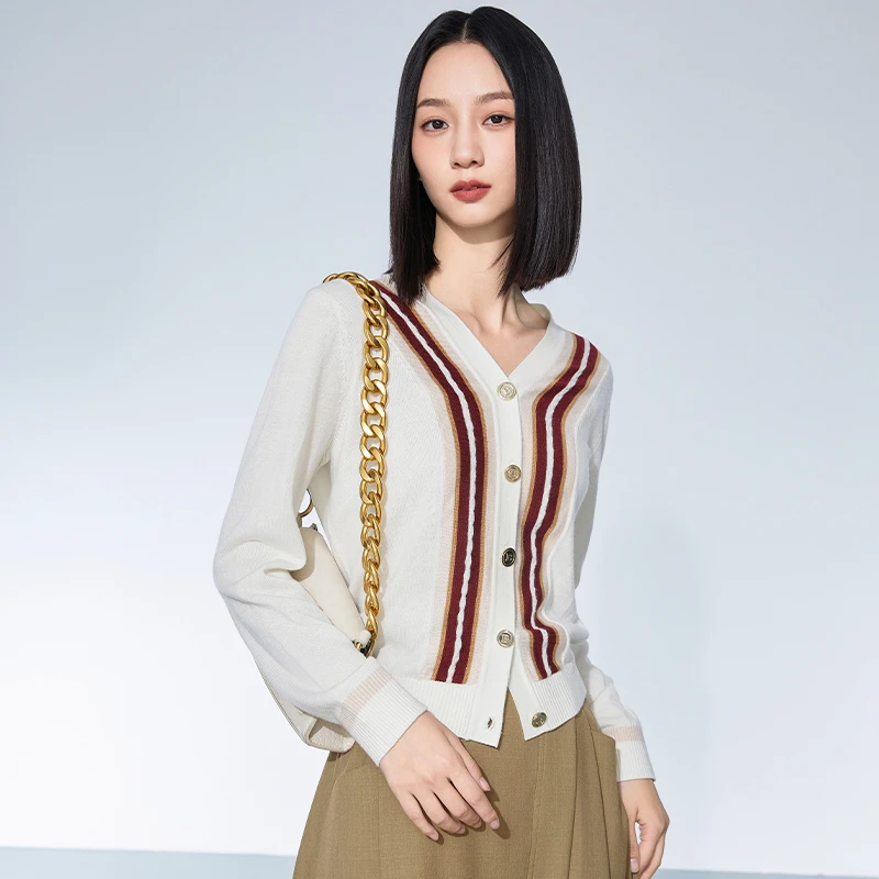 春季长袖针织衫显瘦白色短款时尚条纹百搭女士毛衫外套151M5125