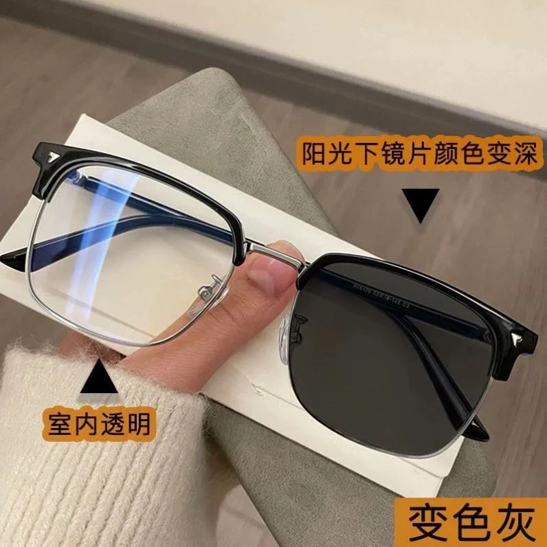 雷视明感光变色近视眼镜男款痞帅配近视平光镜半框眼镜框大框护眼