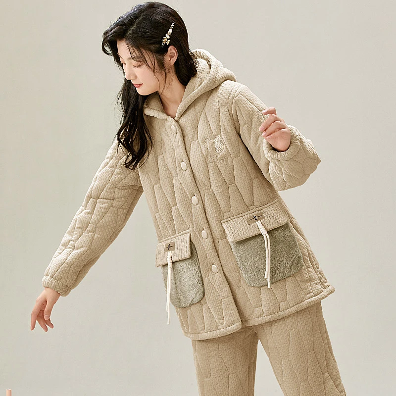 三层加厚珊瑚绒夹棉女士女款秋冬季加绒保暖2024新款可外穿家居服