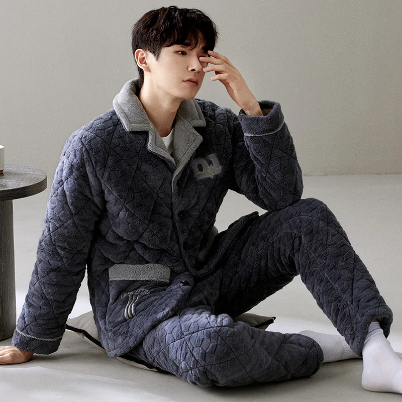 三层加厚珊瑚绒夹棉睡衣男款冬季加绒保暖套装男士大码冬天家居服