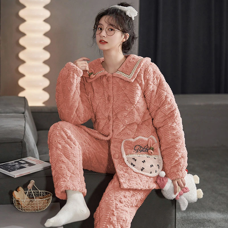 睡衣女秋冬加绒三层加厚珊瑚绒夹棉保暖2022年新款家居服133#桔色