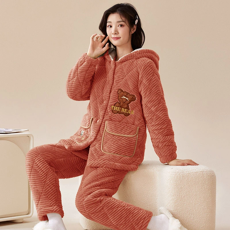 三层加厚珊瑚绒夹棉睡衣女款冬季加绒保暖套装秋冬天可外穿家居服