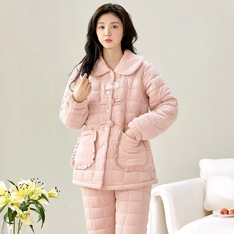 三层加厚珊瑚绒夹棉睡衣女款秋冬季加绒保暖2024新款可外穿家居服
