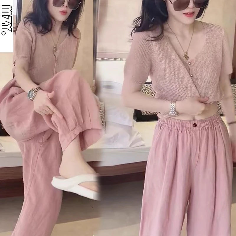夏季新款时尚休闲套装女短袖粉色减龄显瘦高腰阔腿裤两件套