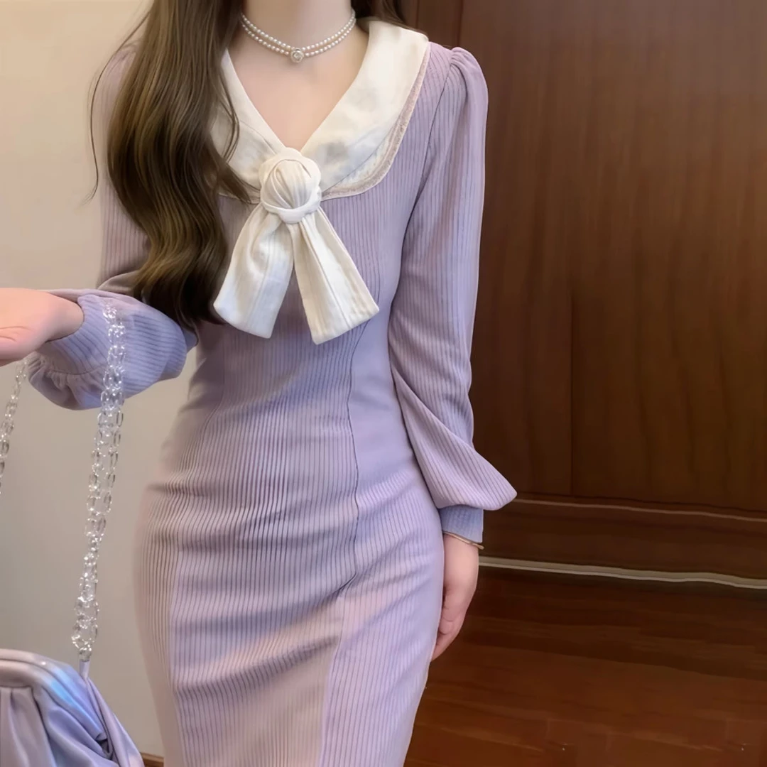 甜美法式温柔风蝴蝶结针织长袖连衣裙气质显瘦名媛网红鱼尾裙