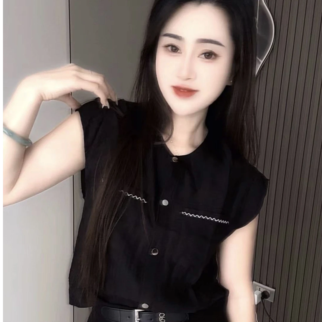 2025复古港风口袋短款小飞袖衬衫女夏季百搭衬衣黑色无袖上衣