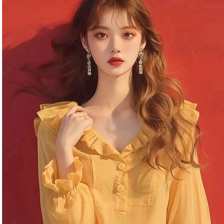 独特漂亮气质超好看小衫黄色荷叶边小清新衬衫早秋季女款2024