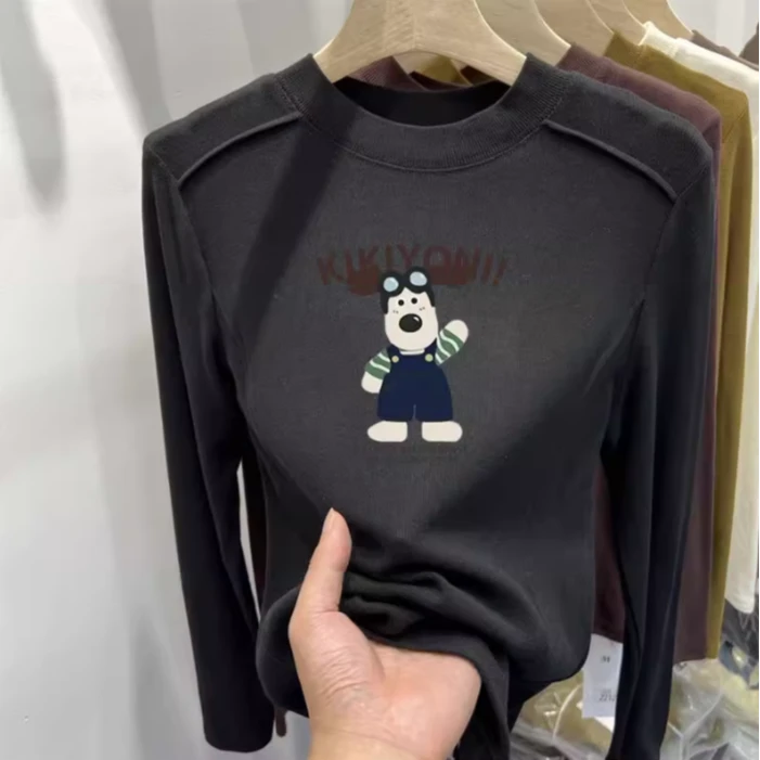 大码女装秋冬新款磨毛内搭打底衫女微胖MM宽松显瘦长袖印花t恤女