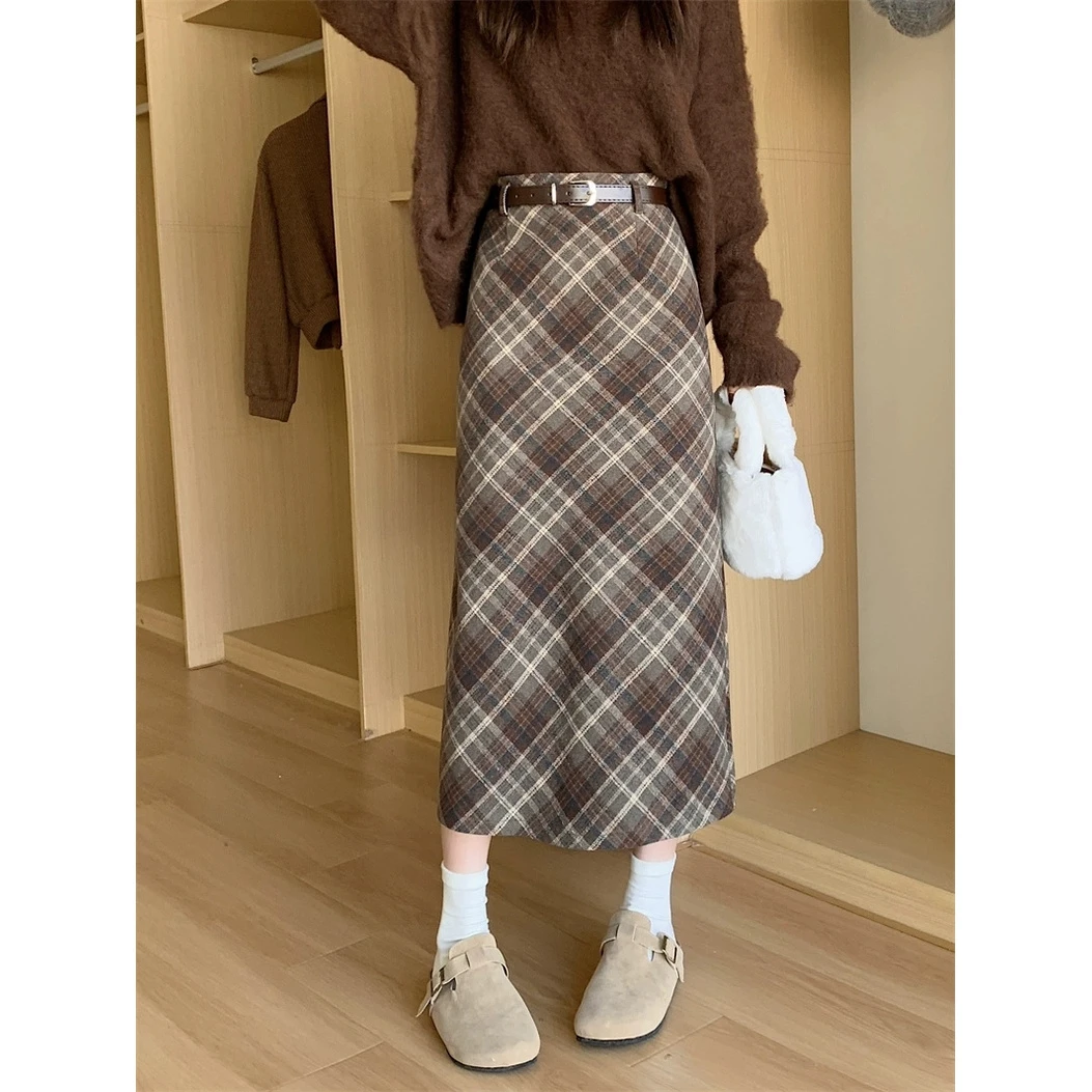 【贝蒂】胖mm女装毛呢半身裙女2024秋冬开叉包臀格纹中长款a字裙