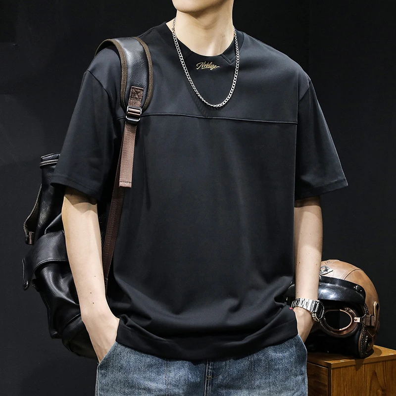 夏季2024新款美式重磅拼接短袖t恤男士潮牌男装宽松大码半袖体恤