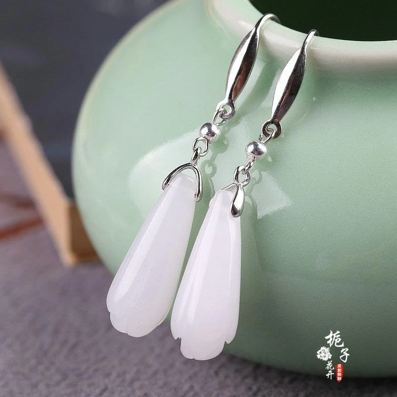 S999纯银玉兰花金丝玉修长款花朵耳坠保色防过敏古典宫廷火爆款