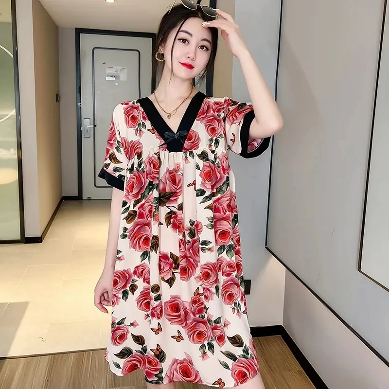 2024夏季新款大码宽松薄款睡裙网红韩版印花中长款冰雪丝家居服女