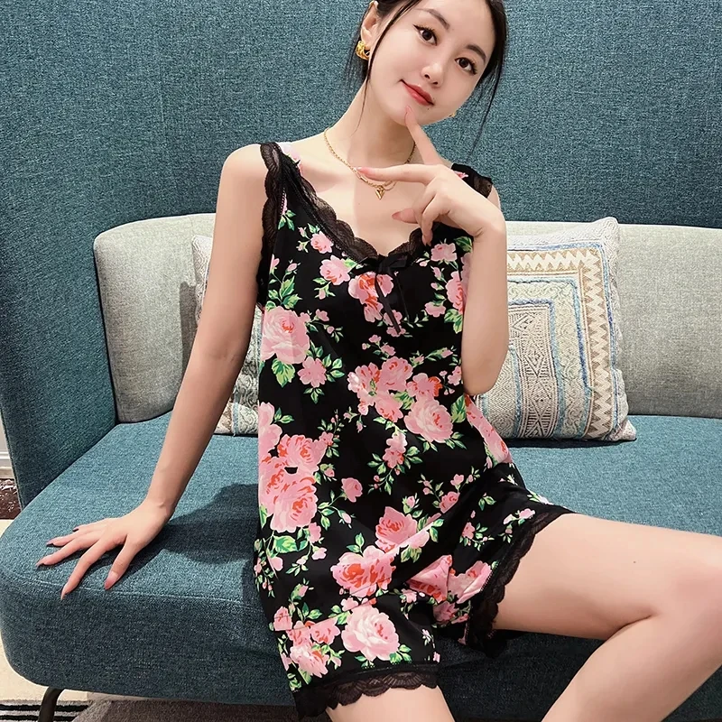 夏季性感蕾丝花边吊带睡衣套装时尚印花薄款气质女士韩版家居服套