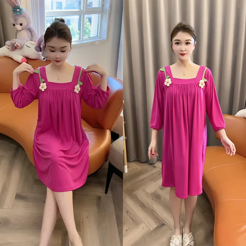 秋季薄款睡衣女长袖宽松可爱睡裙中长款韩版加大码时尚休闲家居服