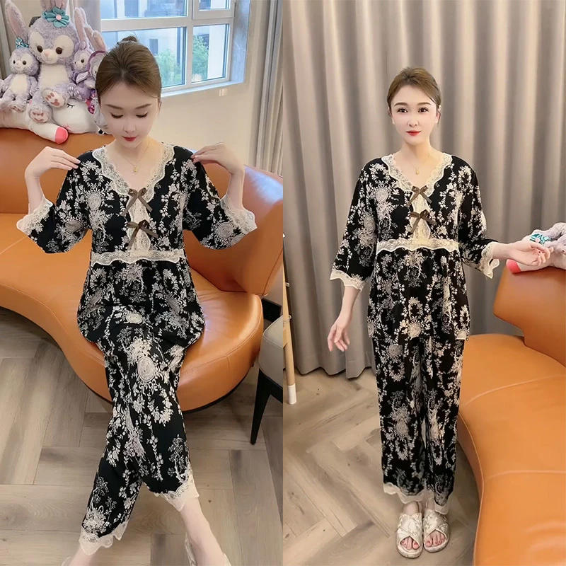 秋季德绒睡衣女网红时尚洋气韩版印花休闲宽松甜美大码家居服套装